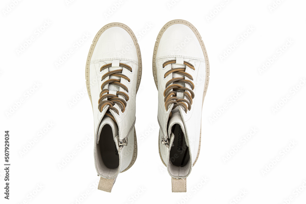 classic sneakers with laces. Casual style. Isolated close-up on white background. Top view. Fashion shoes