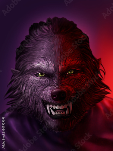 digital illustration of a werewolf face under red light