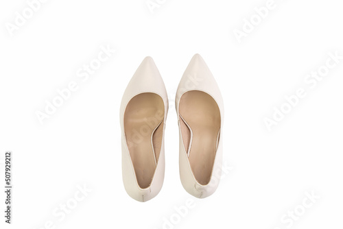 Classic and elegant high-heeled women shoes. Isolated object close up on white background. Top view. Fashion shoes.
