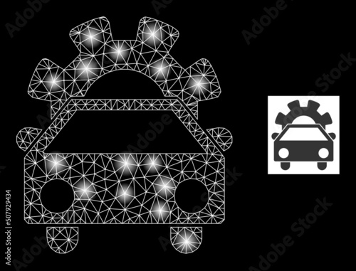 Bright mesh car industry constellation icon with light spots. Illuminated vector constellation based on car industry pictogram. Sparkle frame mesh car industry on a black background.