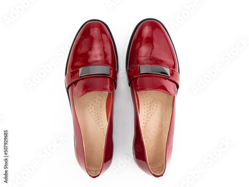 Vintage Loafer Shoes. Closeup. Advertising shot. Concept closeup shoes. Isolated object close up on white background. Top view.