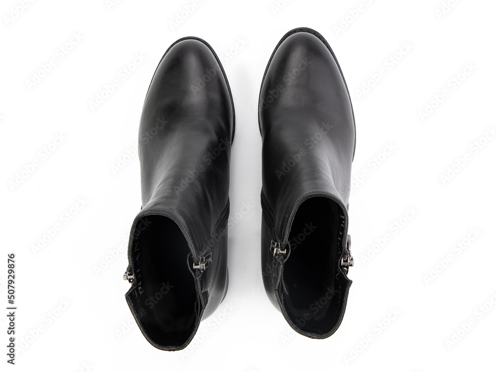 black leather jodhpur boots isolated on white background. Top view. Fashion shoes. Photoshoot for shoe shop concept.