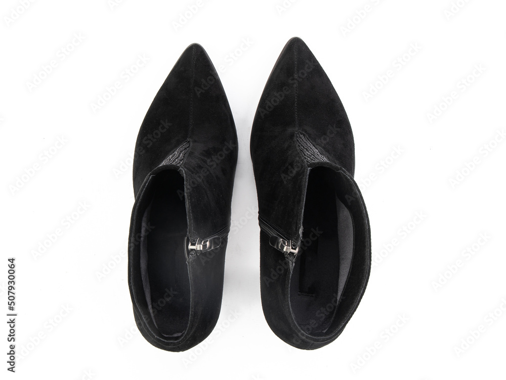 black leather jodhpur boots isolated on white background. Top view. Fashion shoes. Photoshoot for shoe shop concept.