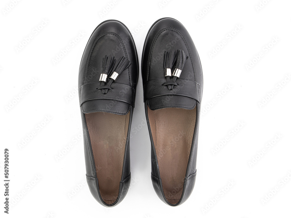 Vintage Loafer Shoes. Closeup. Advertising shot. Concept closeup shoes. Isolated object close up on white background. Top view.