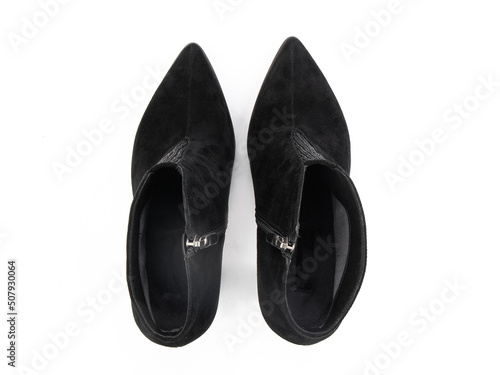 Obraz na płótnie black leather jodhpur boots isolated on white background. Top view. Fashion shoes. Photoshoot for shoe shop concept. w salonie