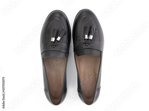 Obraz na płótnie Vintage Loafer Shoes. Closeup. Advertising shot. Concept closeup shoes. Isolated object close up on white background. Top view. w salonie