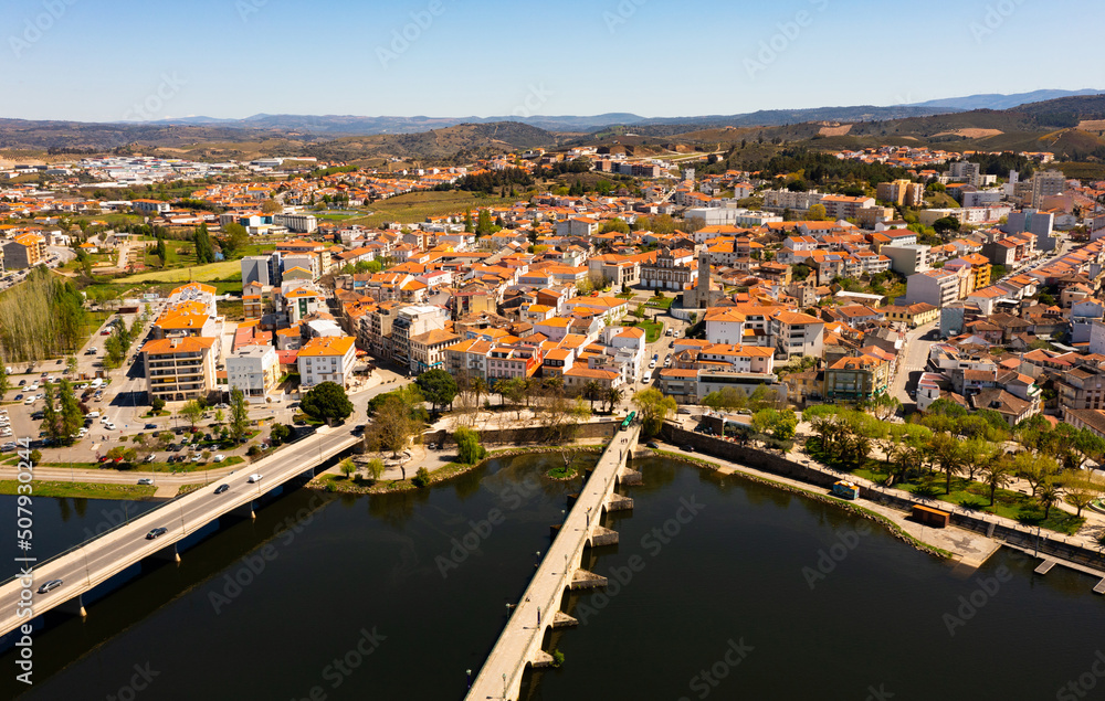 Bird's eye view of Portuguese city Mirandela with view of Tua River.