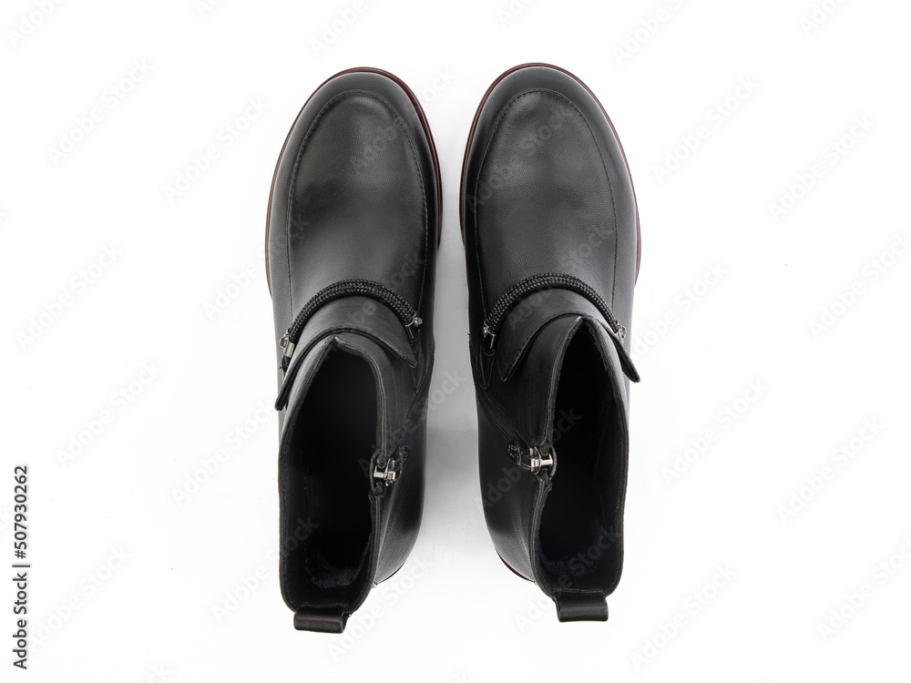 black leather jodhpur boots isolated on white background. Top view. Fashion shoes. Photoshoot for shoe shop concept.