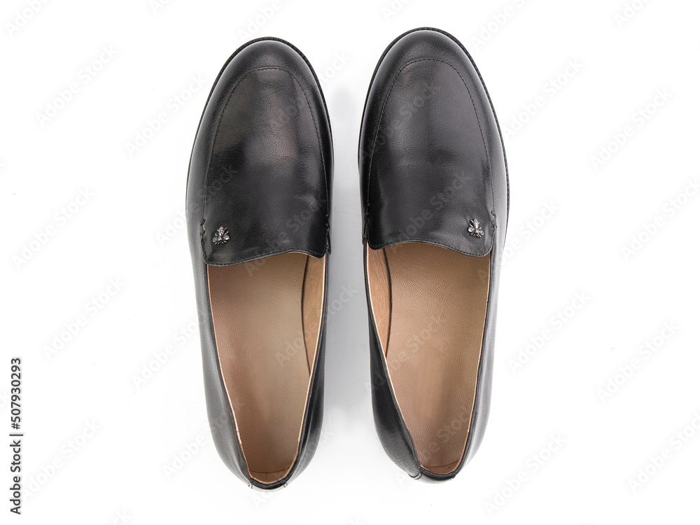 Vintage Loafer Shoes. Closeup. Advertising shot. Concept closeup shoes. Isolated object close up on white background. Top view.