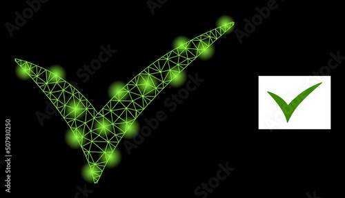 Glowing mesh valid constellation icon with lightspots. Illuminated vector constellation based on valid picture. Sparkle carcass mesh valid on a black background.