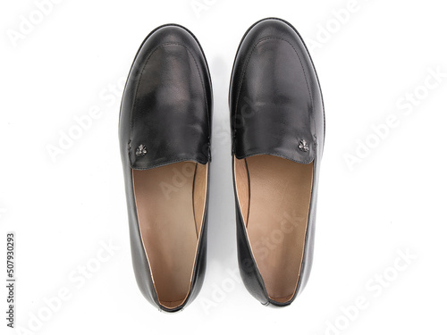 Obraz na płótnie Vintage Loafer Shoes. Closeup. Advertising shot. Concept closeup shoes. Isolated object close up on white background. Top view. w salonie