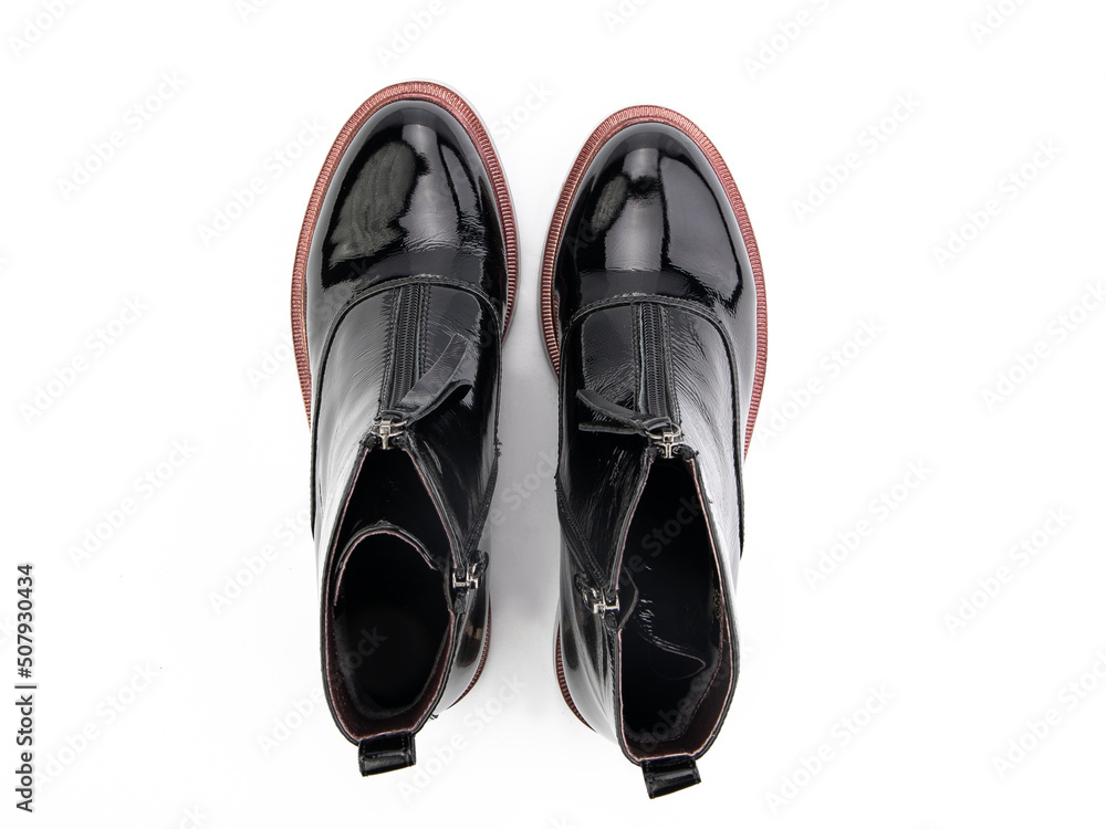 black leather jodhpur boots isolated on white background. Top view. Fashion shoes. Photoshoot for shoe shop concept.