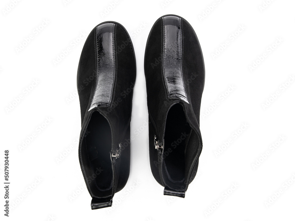black leather jodhpur boots isolated on white background. Top view. Fashion shoes. Photoshoot for shoe shop concept.