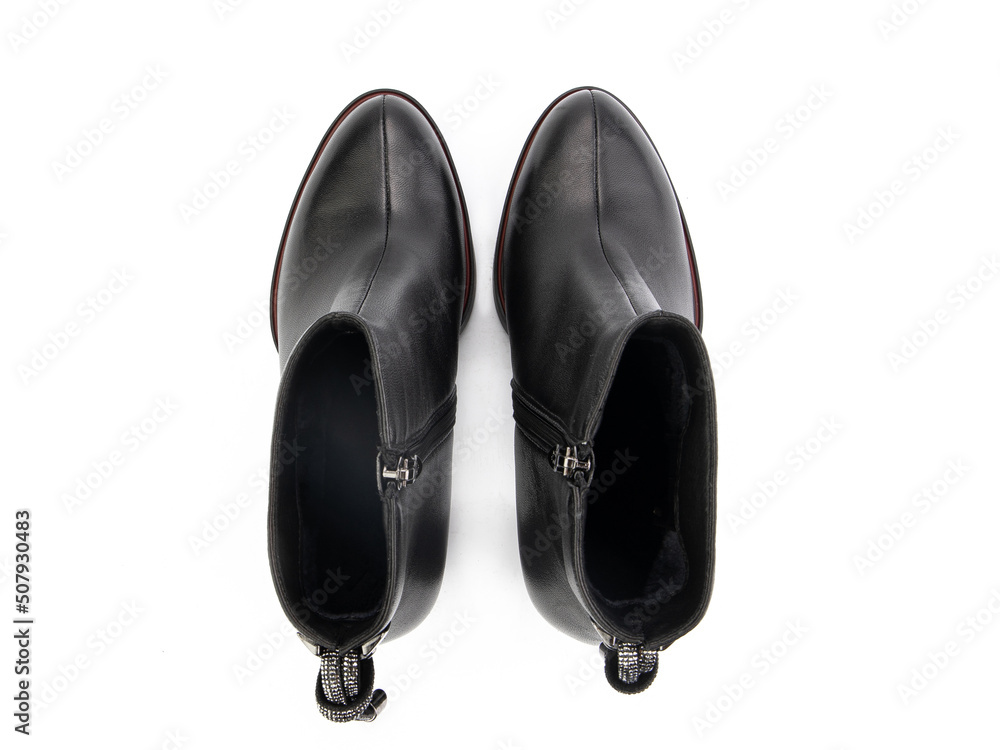 black leather jodhpur boots isolated on white background. Top view. Fashion shoes. Photoshoot for shoe shop concept.