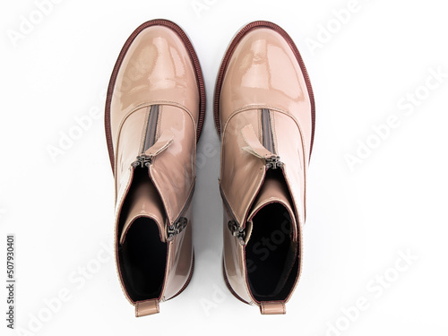 Obraz na płótnie jodhpur boots isolated on white background. Top view. Fashion shoes. Photoshoot for shoe shop concept. w salonie