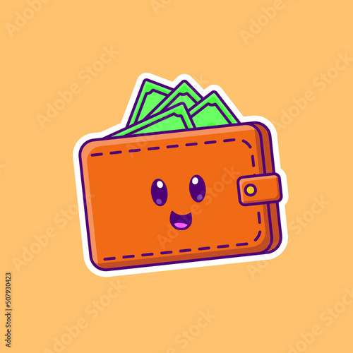 Cute cartoon wallet with money in vector illustration. Isolated object vector. Flat cartoon style