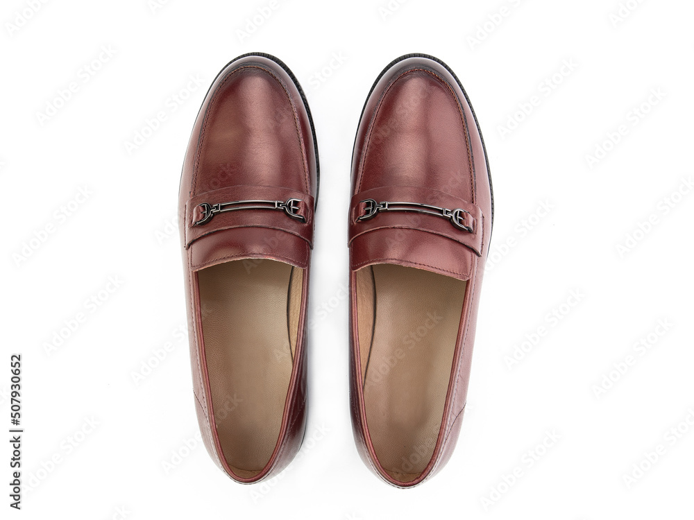 Vintage Loafer Shoes. Closeup. Advertising shot. Concept closeup shoes. Isolated object close up on white background. Top view.