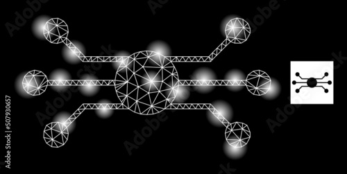 Bright network circuit node constellation icon with light spots. Illuminated vector model based on circuit node glyph. Sparkle carcass mesh circuit node on a black background.