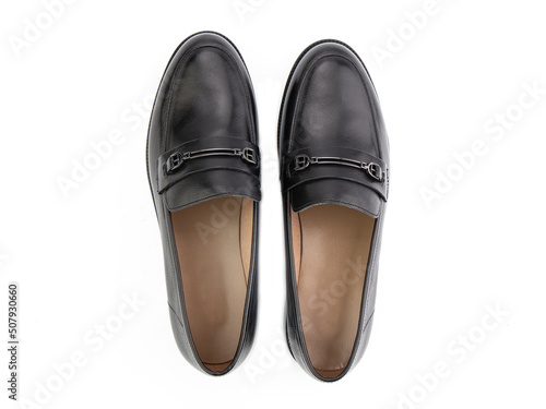 Obraz na płótnie Vintage Loafer Shoes. Closeup. Advertising shot. Concept closeup shoes. Isolated object close up on white background. Top view. w salonie