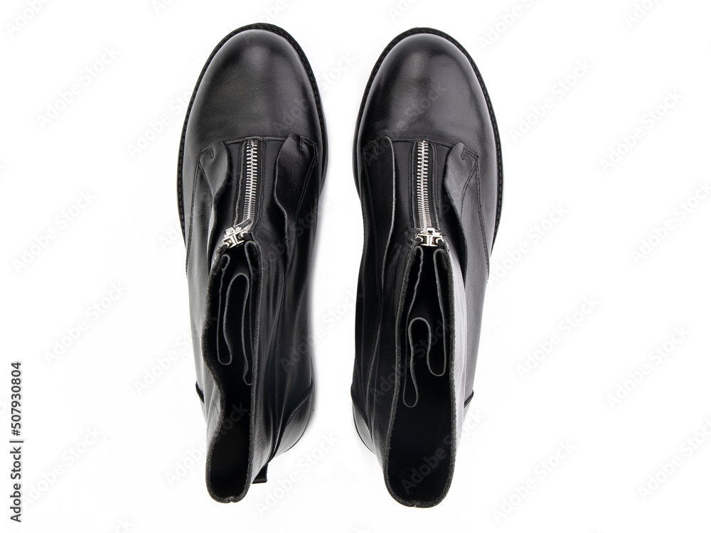 black leather jodhpur boots isolated on white background. Top view. Fashion shoes. Photoshoot for shoe shop concept.