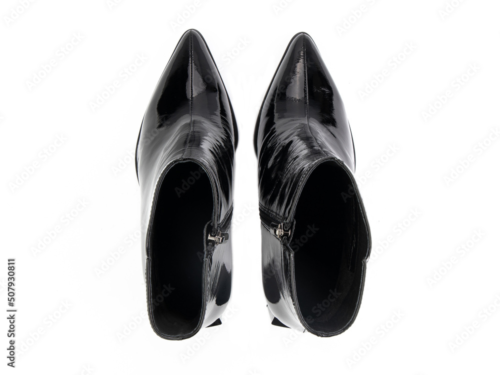 black leather jodhpur boots isolated on white background. Top view. Fashion shoes. Photoshoot for shoe shop concept.
