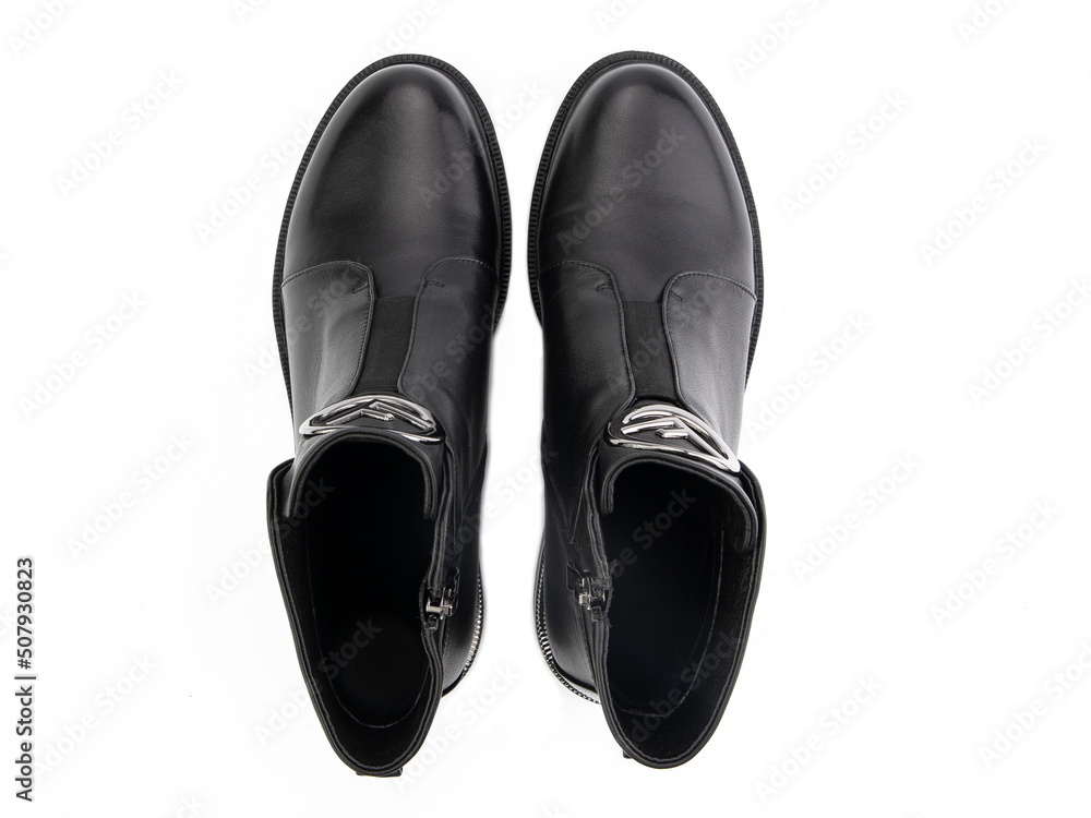 black leather jodhpur boots isolated on white background. Top view. Fashion shoes. Photoshoot for shoe shop concept.