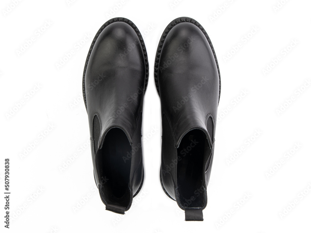 black leather jodhpur boots isolated on white background. Top view. Fashion shoes. Photoshoot for shoe shop concept.