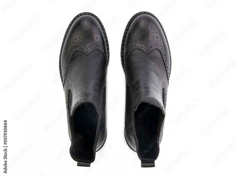 black leather jodhpur boots isolated on white background. Top view. Fashion shoes. Photoshoot for shoe shop concept.