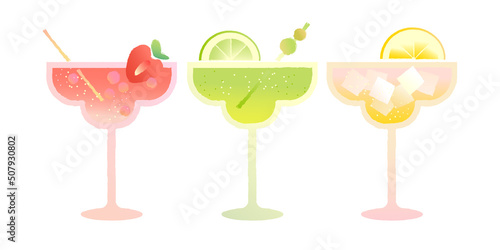 Margarita glass set. Alcoholic refreshing summer drinks. Strawberry alcoholic cocktail in glass. Daiquiri drink and lime slice. Cosmopolitan with lemon and ice. Flat vector illustration with gradient