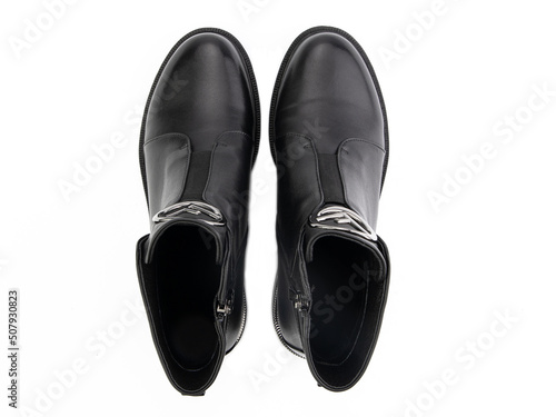 Obraz na płótnie black leather jodhpur boots isolated on white background. Top view. Fashion shoes. Photoshoot for shoe shop concept. w salonie
