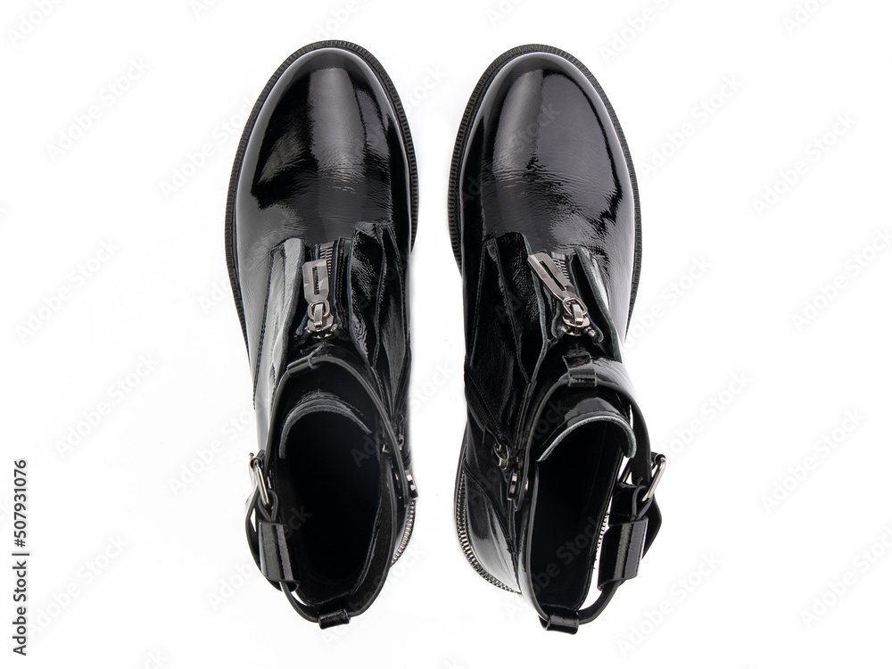 black leather jodhpur boots isolated on white background. Top view. Fashion shoes. Photoshoot for shoe shop concept.