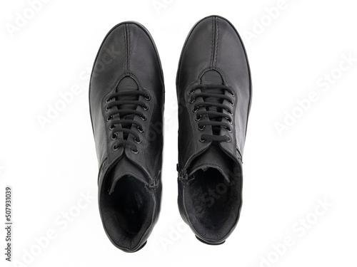 classic sneakers with laces. Casual style. Isolated close-up on white background. Top view. Fashion shoes