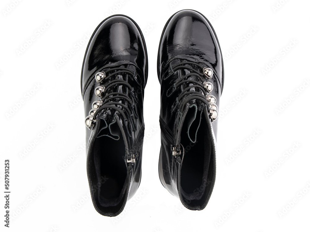 black leather jodhpur boots isolated on white background. Top view. Fashion shoes. Photoshoot for shoe shop concept.