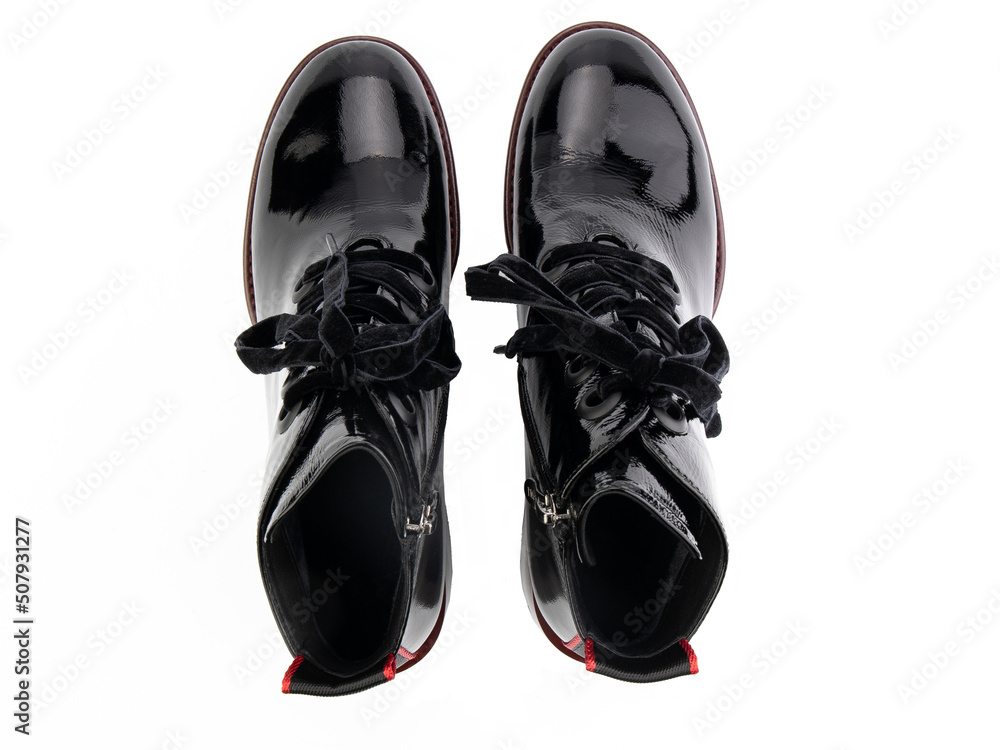 black leather jodhpur boots isolated on white background. Top view. Fashion shoes. Photoshoot for shoe shop concept.