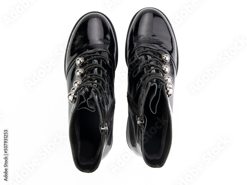 Obraz na płótnie black leather jodhpur boots isolated on white background. Top view. Fashion shoes. Photoshoot for shoe shop concept. w salonie