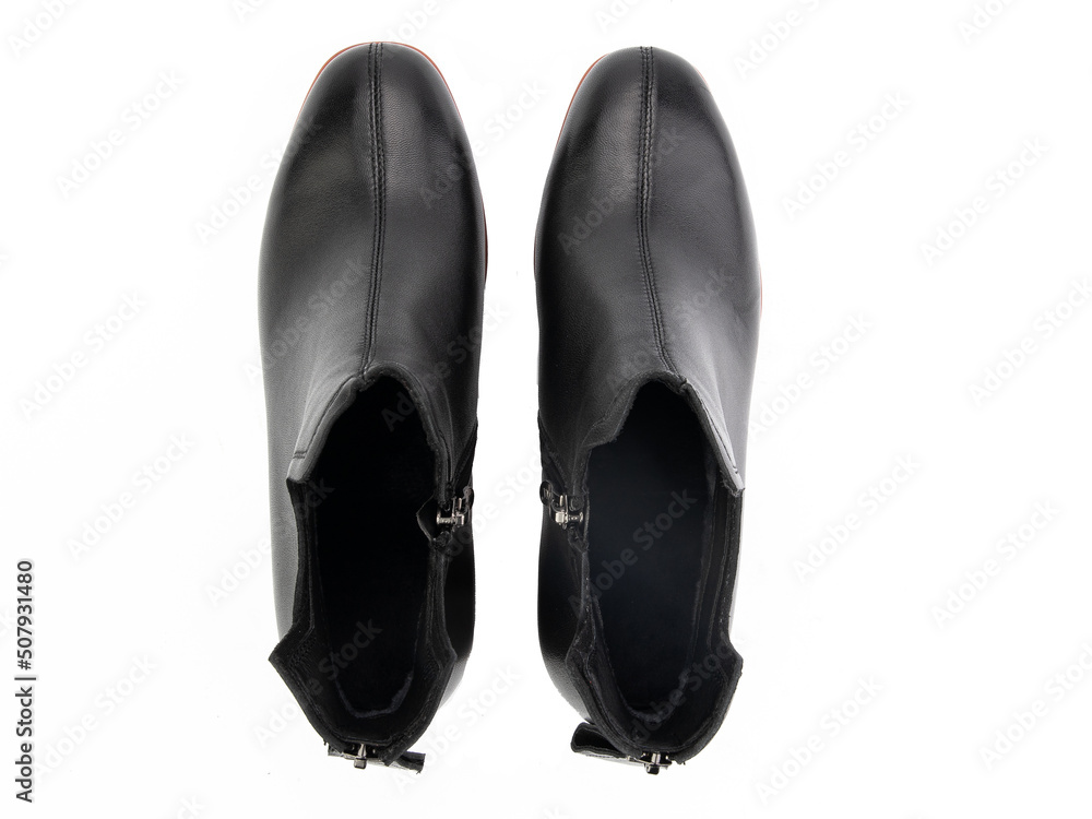 black leather jodhpur boots isolated on white background. Top view. Fashion shoes. Photoshoot for shoe shop concept.