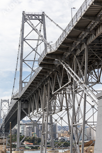 view of the Hercilio Luz Suspension Bridge. The longest suspension bridge in Brazil and the symbol of the city of Florianopolis