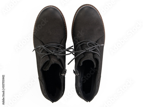 Obraz na płótnie jodhpur boots isolated on white background. Top view. Fashion shoes. Photoshoot for shoe shop concept. w salonie