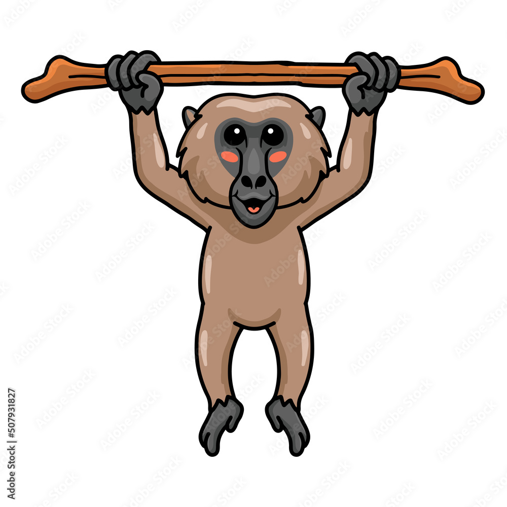 Naklejka premium Cute little baboon monkey cartoon hanging on tree