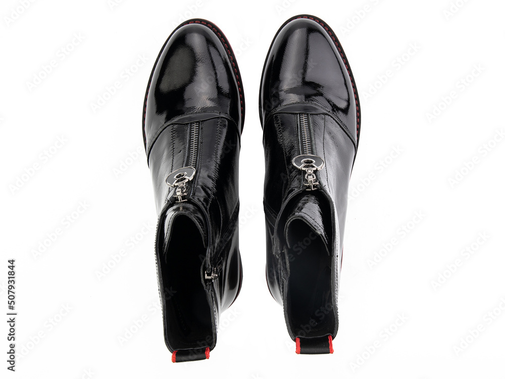 black leather jodhpur boots isolated on white background. Top view. Fashion shoes. Photoshoot for shoe shop concept.