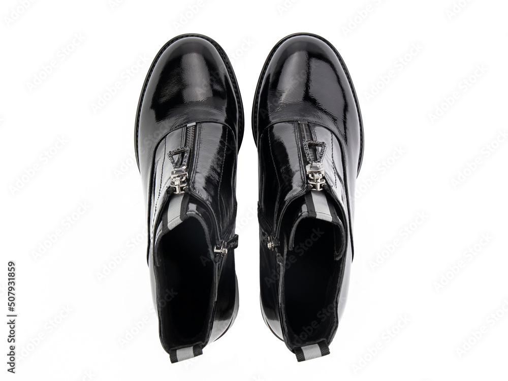 black leather jodhpur boots isolated on white background. Top view. Fashion shoes. Photoshoot for shoe shop concept.