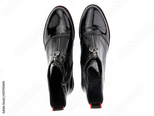 Obraz na płótnie black leather jodhpur boots isolated on white background. Top view. Fashion shoes. Photoshoot for shoe shop concept. w salonie