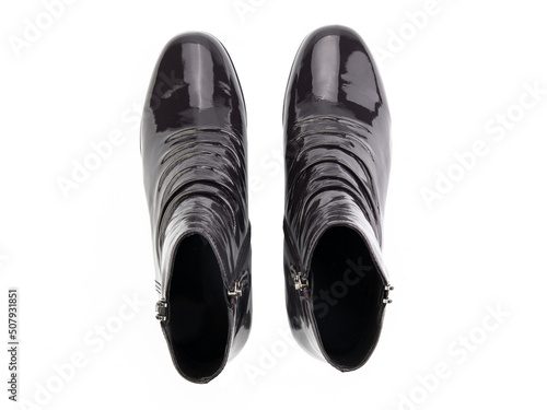 Obraz na płótnie black leather jodhpur boots isolated on white background. Top view. Fashion shoes. Photoshoot for shoe shop concept. w salonie