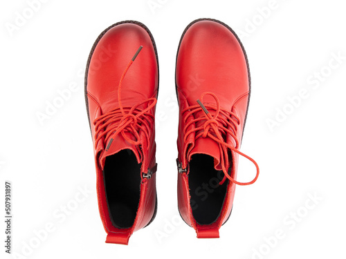 Obraz na płótnie jodhpur boots isolated on white background. Top view. Fashion shoes. Photoshoot for shoe shop concept. w salonie
