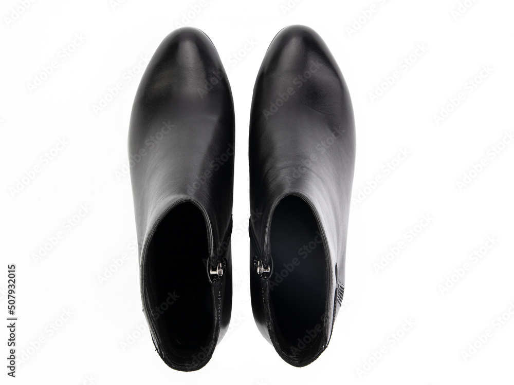 black leather jodhpur boots isolated on white background. Top view. Fashion shoes. Photoshoot for shoe shop concept.