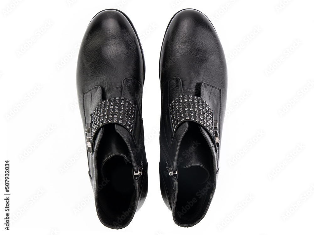 black leather jodhpur boots isolated on white background. Top view. Fashion shoes. Photoshoot for shoe shop concept.