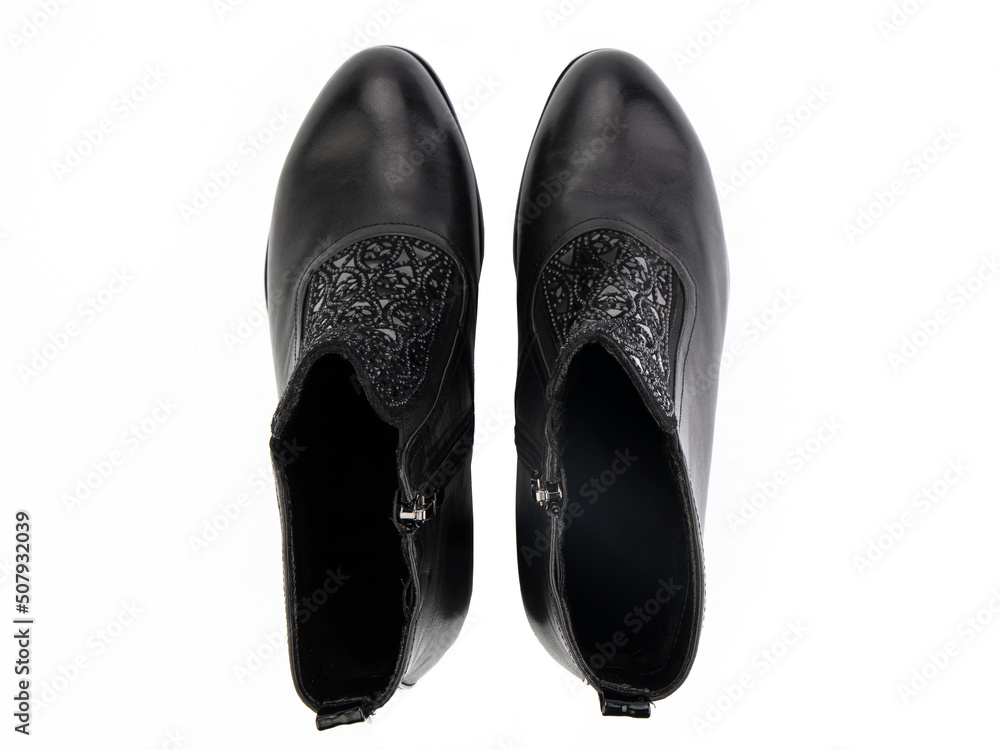 black leather jodhpur boots isolated on white background. Top view. Fashion shoes. Photoshoot for shoe shop concept.