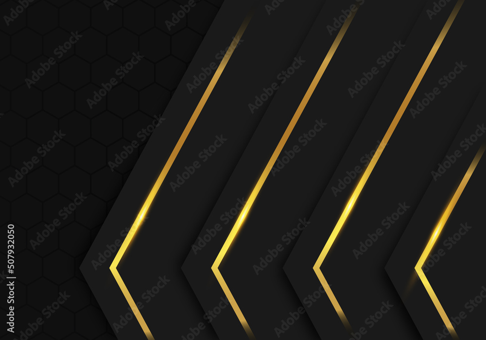 Modern Black Luxury Background with Gold Line Decoration on Dark Hexagon Pattern Metallic Background Modern Black Luxury Background with Gold Line Decoration on Dark Hexagon Pattern Metallic Background