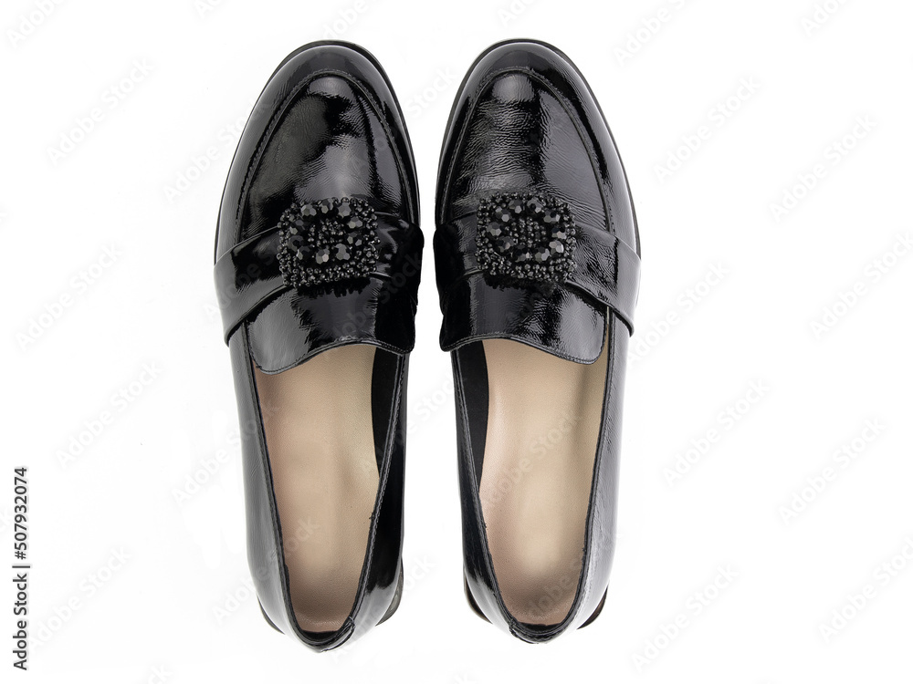 Vintage Loafer Shoes. Closeup. Advertising shot. Concept closeup shoes. Isolated object close up on white background. Top view.