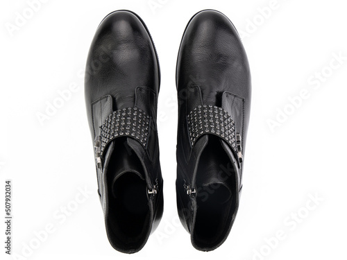Obraz na płótnie black leather jodhpur boots isolated on white background. Top view. Fashion shoes. Photoshoot for shoe shop concept. w salonie